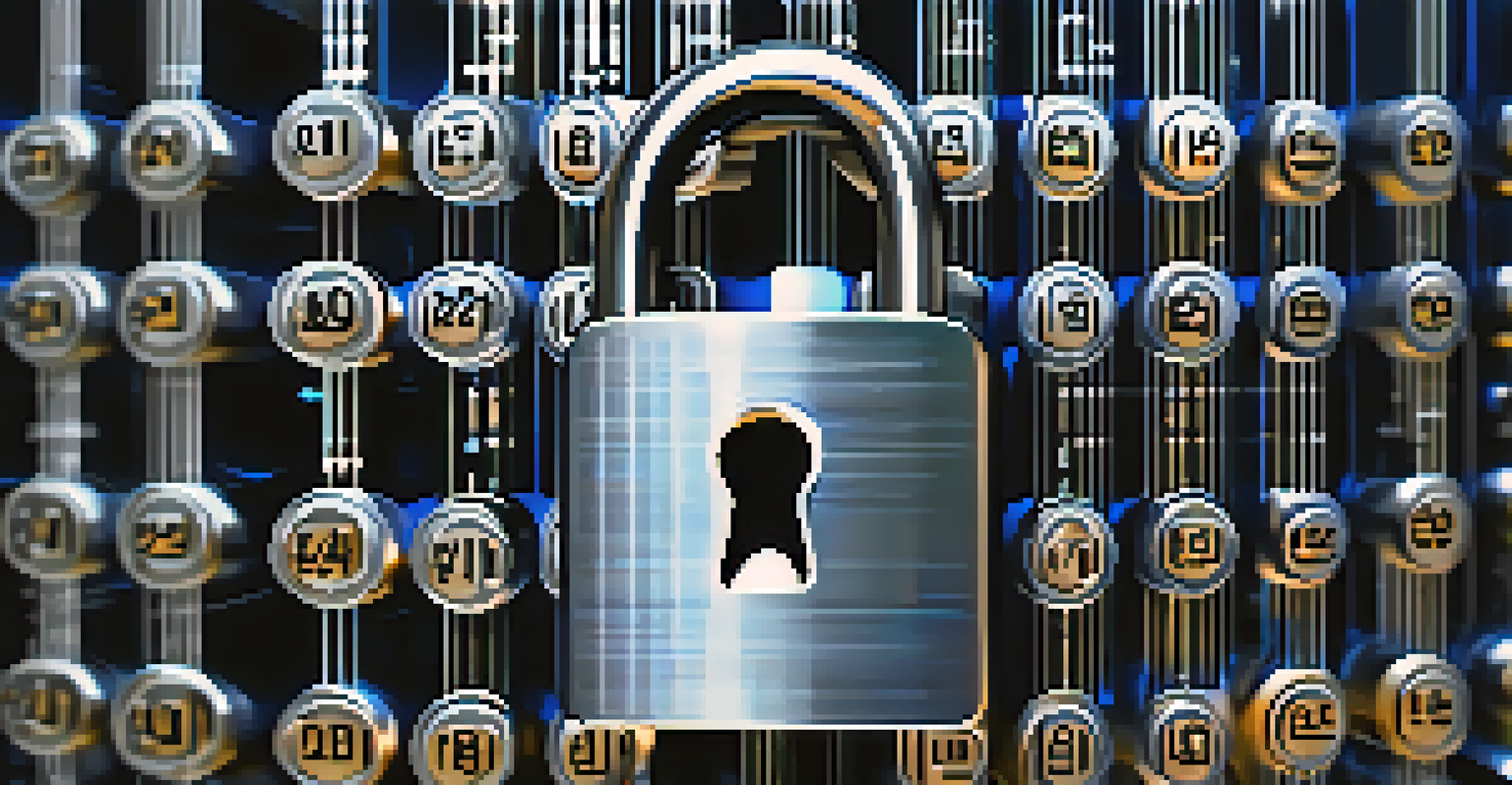 A close-up of a security lock and a digital padlock over blurred binary code.