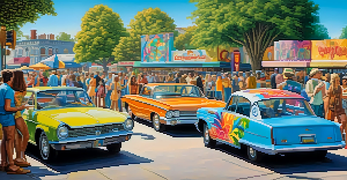 A lively 1960s street scene with colorful murals, vintage clothing, and classic cars, showcasing a sense of community and creativity.