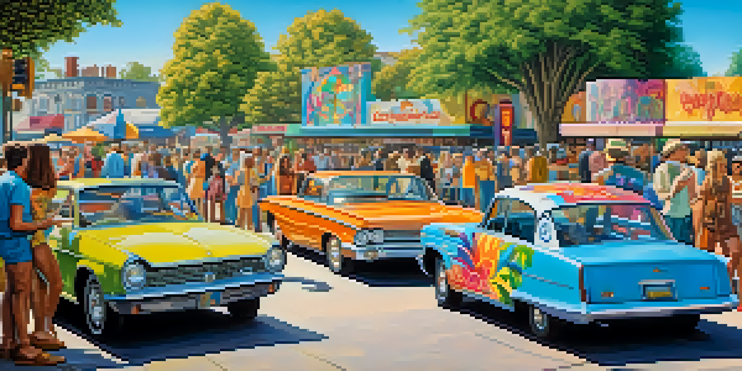 A lively 1960s street scene with colorful murals, vintage clothing, and classic cars, showcasing a sense of community and creativity.