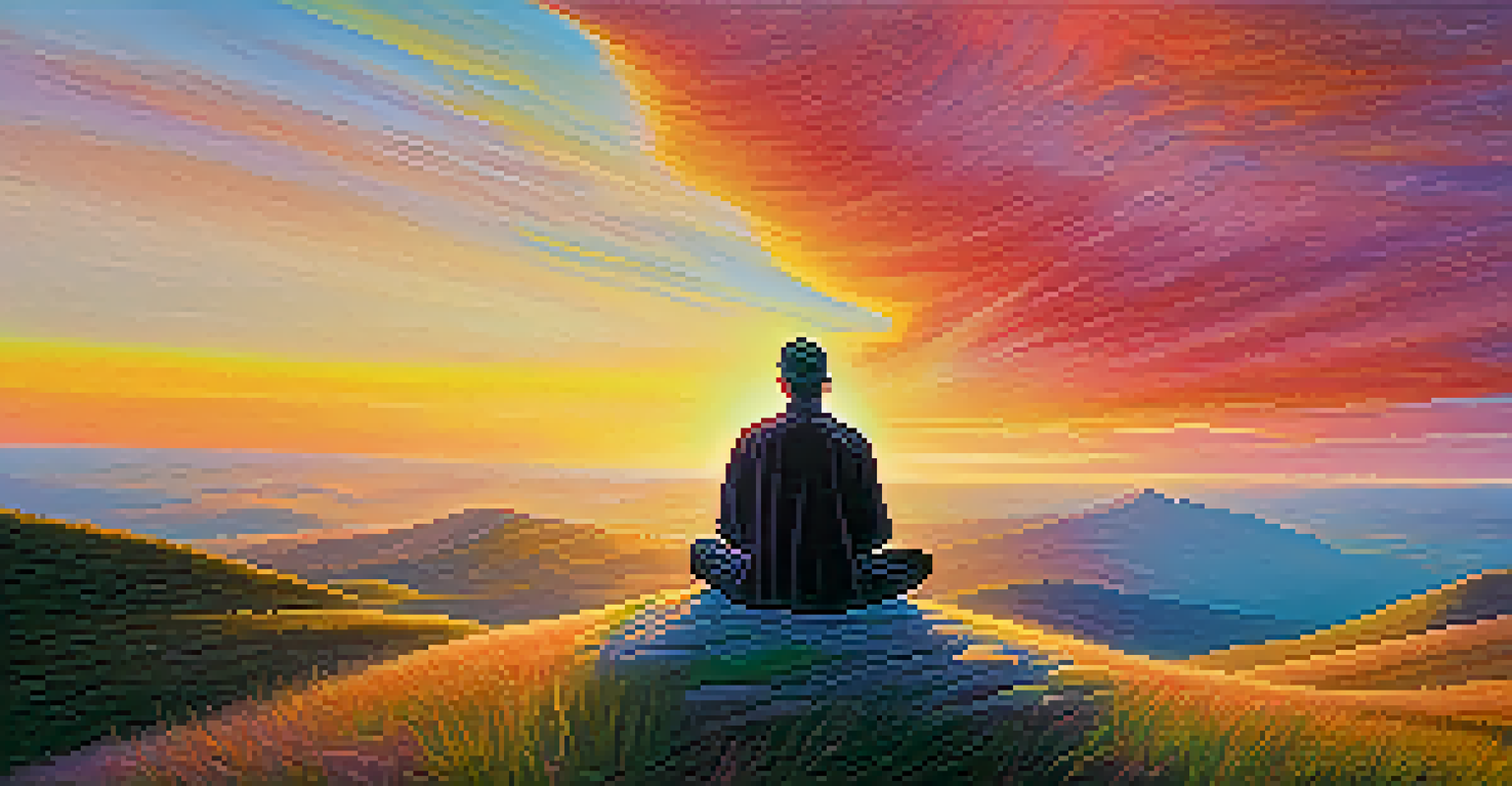 A person meditating on a hilltop at sunset, surrounded by colorful wisps of light.