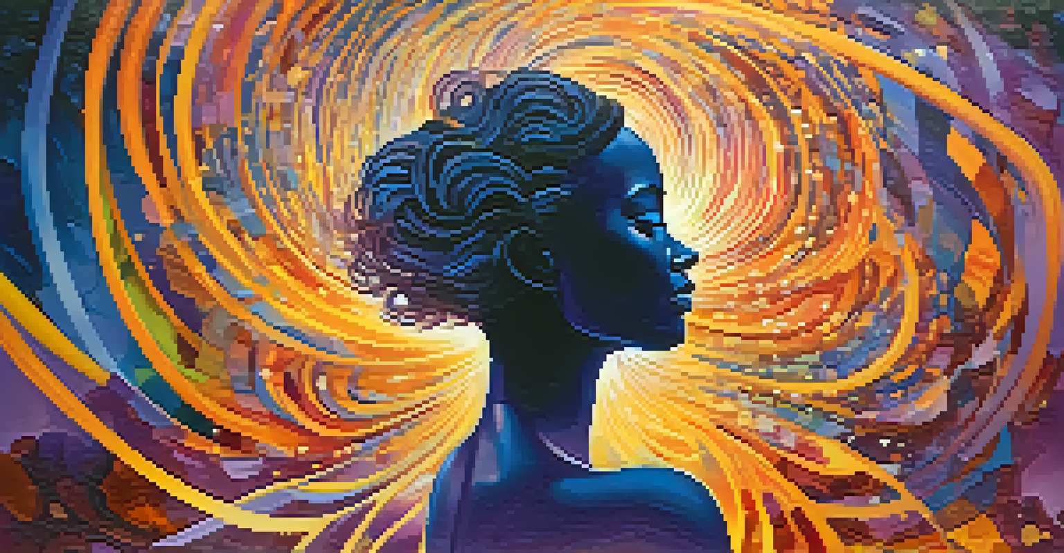 An abstract human silhouette surrounded by colorful swirling patterns of light symbolizing healing.