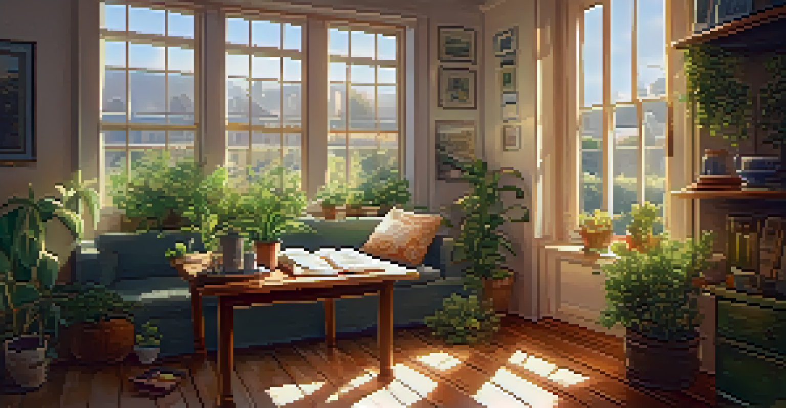 A cozy room filled with plants, a journal, and a cup of tea on a table, illuminated by warm sunlight.
