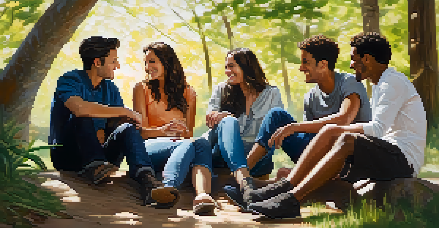 A group of friends enjoying a calm outdoor setting, laughing and talking under the dappled sunlight filtering through trees.