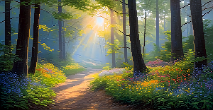 A peaceful forest path lined with vibrant wildflowers, illuminated by soft sunlight filtering through the trees.