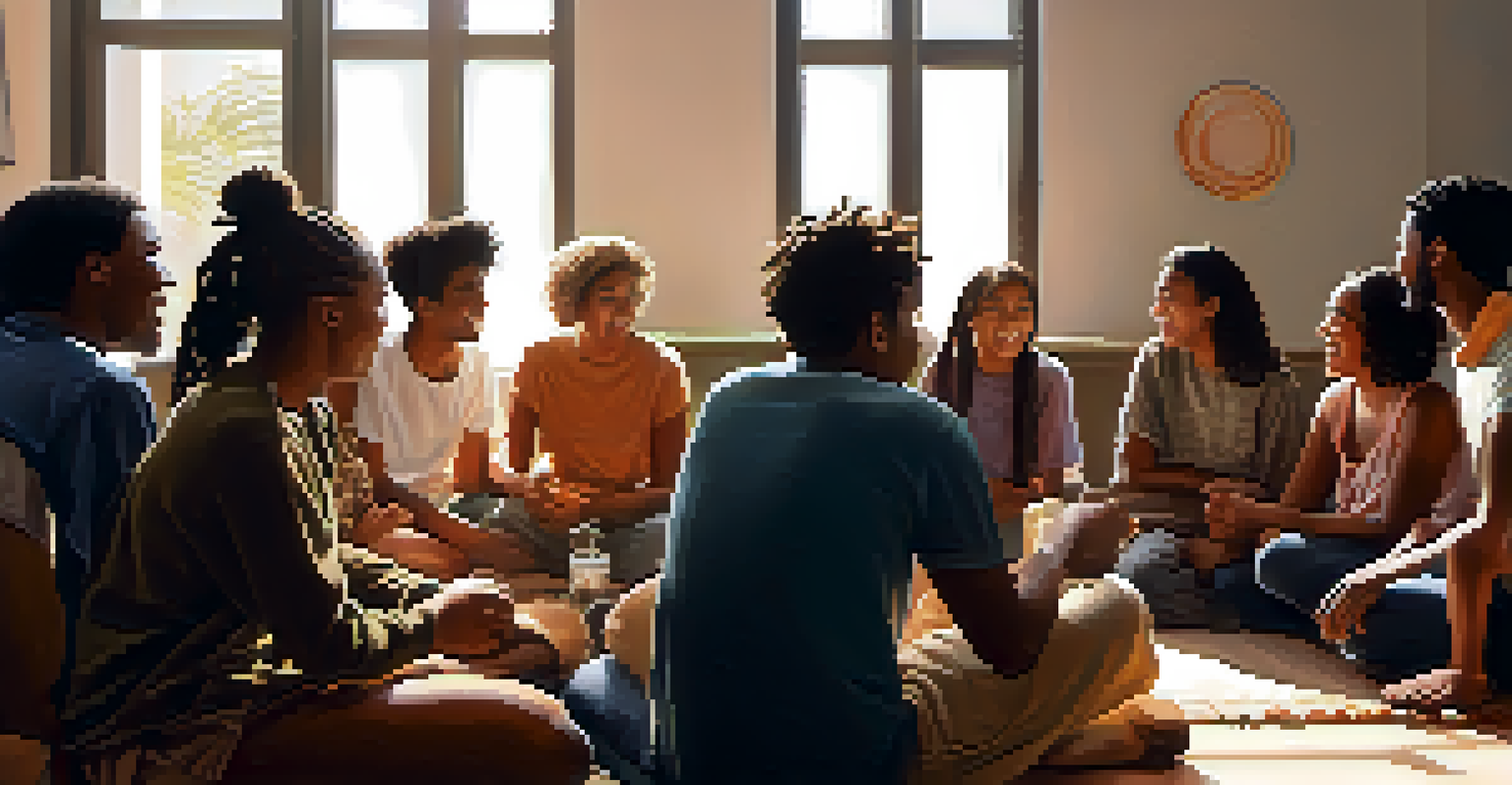 A group of diverse people in a sunlit room sharing emotions in a supportive circle.