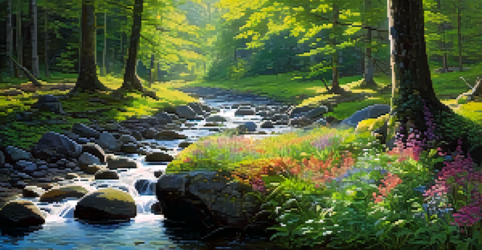 A peaceful forest scene with sunlight shining through the trees, a clear stream, and blooming wildflowers.