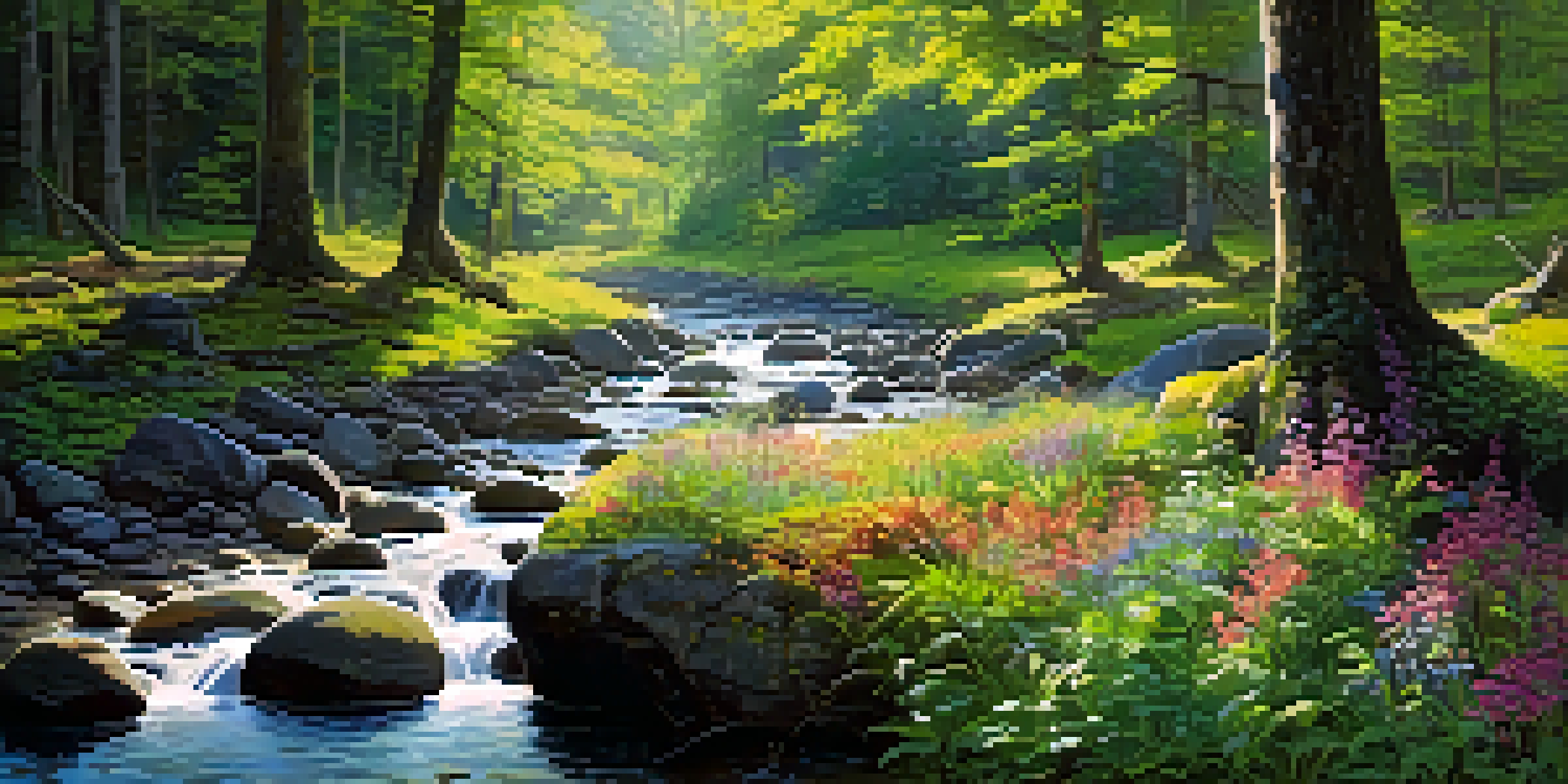 A peaceful forest scene with sunlight shining through the trees, a clear stream, and blooming wildflowers.