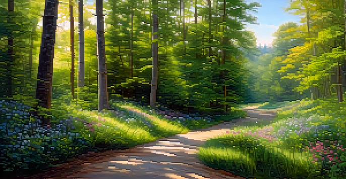 A peaceful forest scene with sunlight filtering through the trees and a path lined with wildflowers.