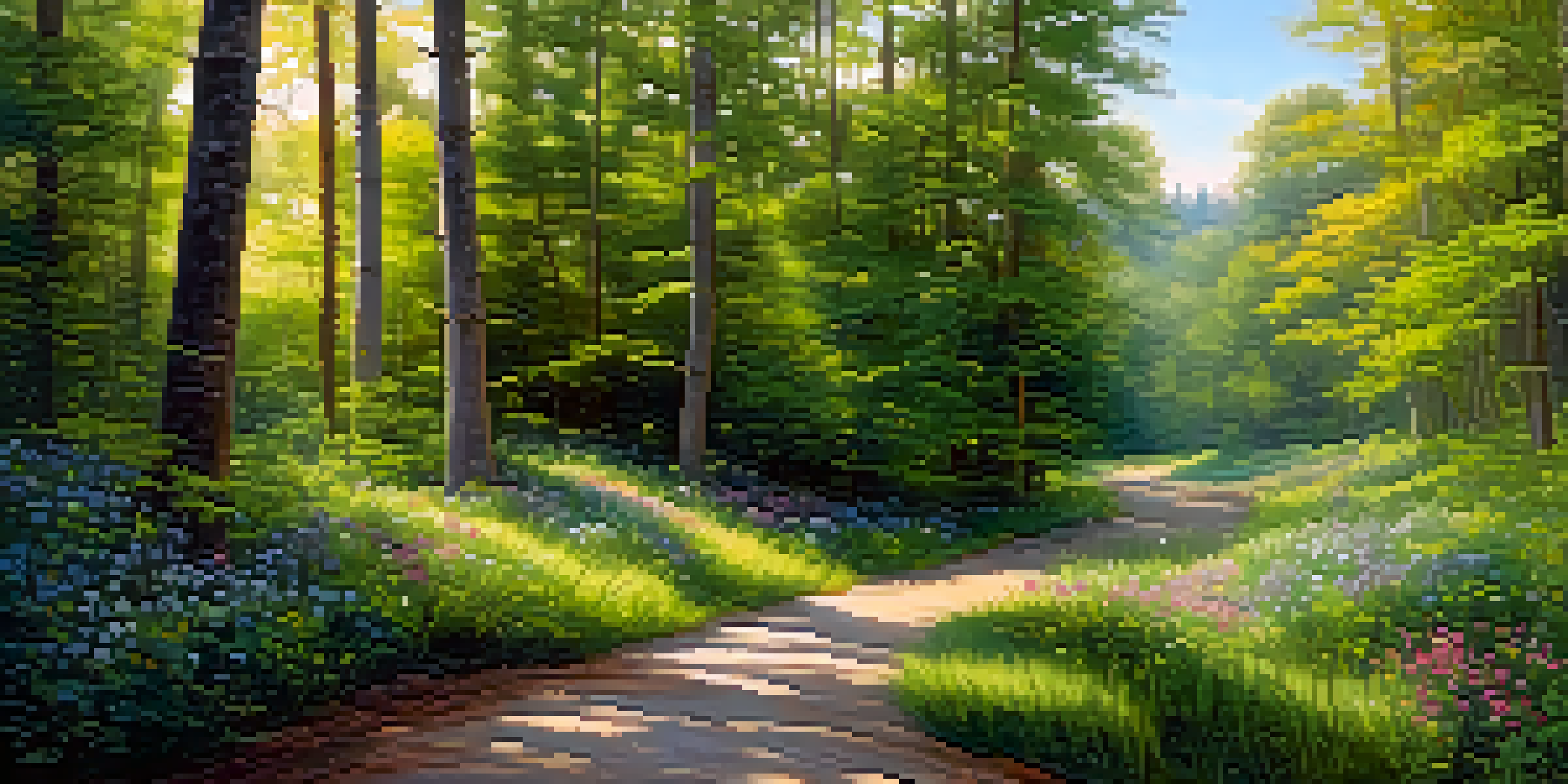 A peaceful forest scene with sunlight filtering through the trees and a path lined with wildflowers.
