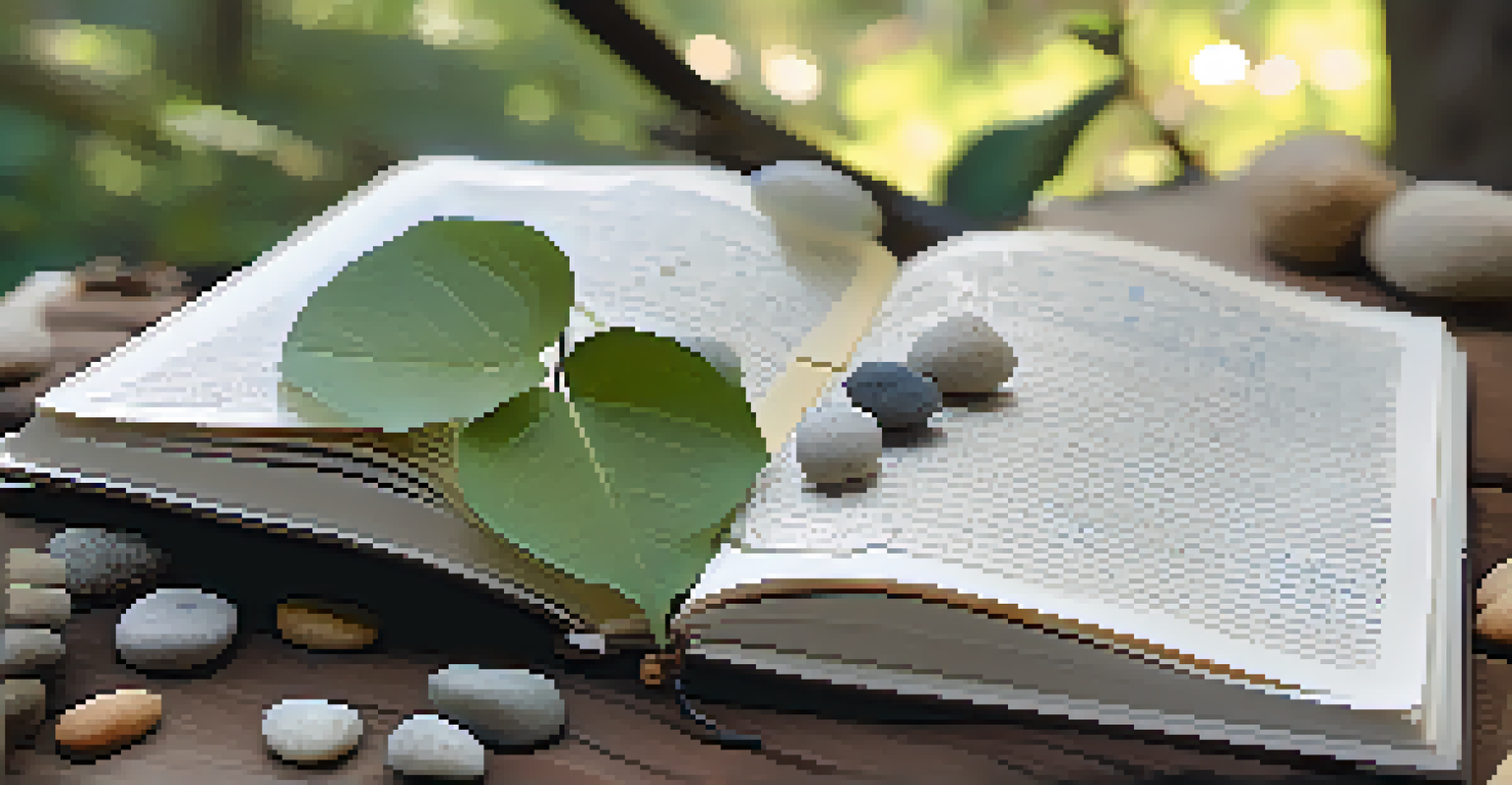 A close-up of an open journal with handwritten notes and sketches, surrounded by leaves and stones, set in a serene outdoor environment.