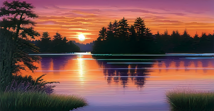 A colorful sunset over a calm lake, with silhouetted trees on the edges.