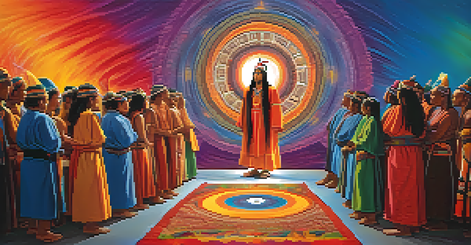 An artistic depiction of a sacred indigenous ritual with a shaman leading participants through a psychedelic experience, surrounded by vibrant colors and abstract patterns representing nature and spirituality.