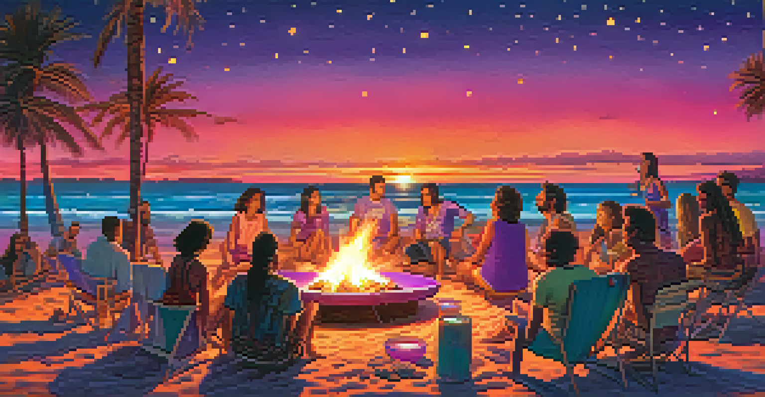A beach at sunset with participants around a fire pit, sharing stories under a colorful sky, creating a sense of community.