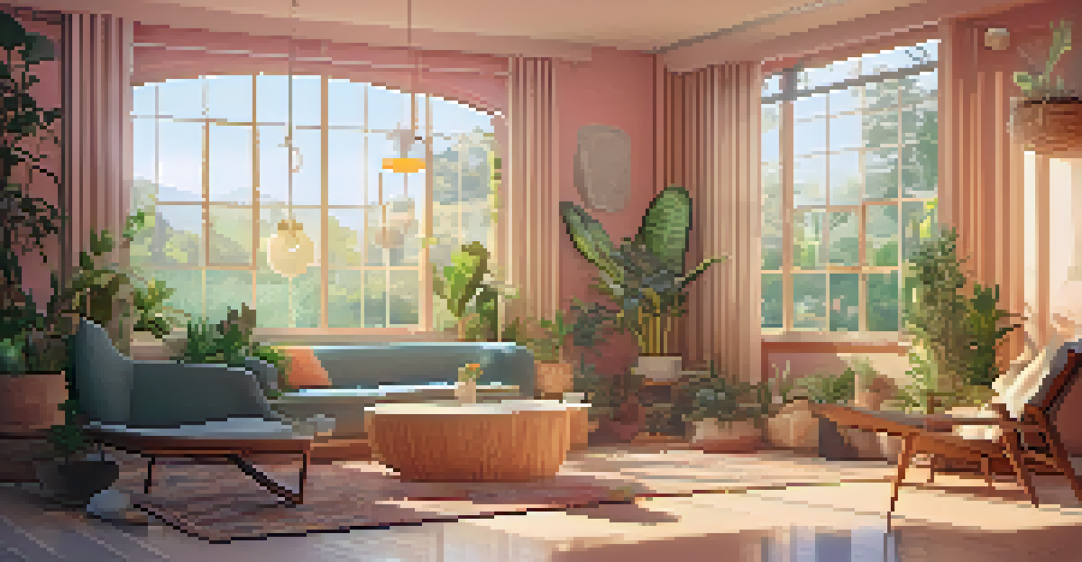 A cozy therapy room designed for psychedelic therapy with soft colors, comfortable seating, and plants.