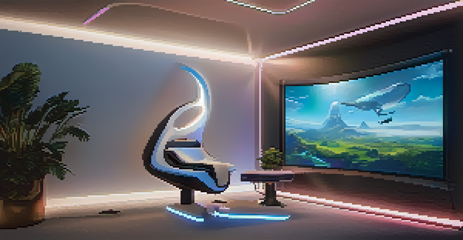 A high-tech therapy room with a comfortable chair, a VR headset, and a screen displaying a calming virtual landscape.