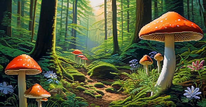A vibrant forest scene with colorful psilocybin mushrooms growing amidst lush greenery and dappled sunlight.