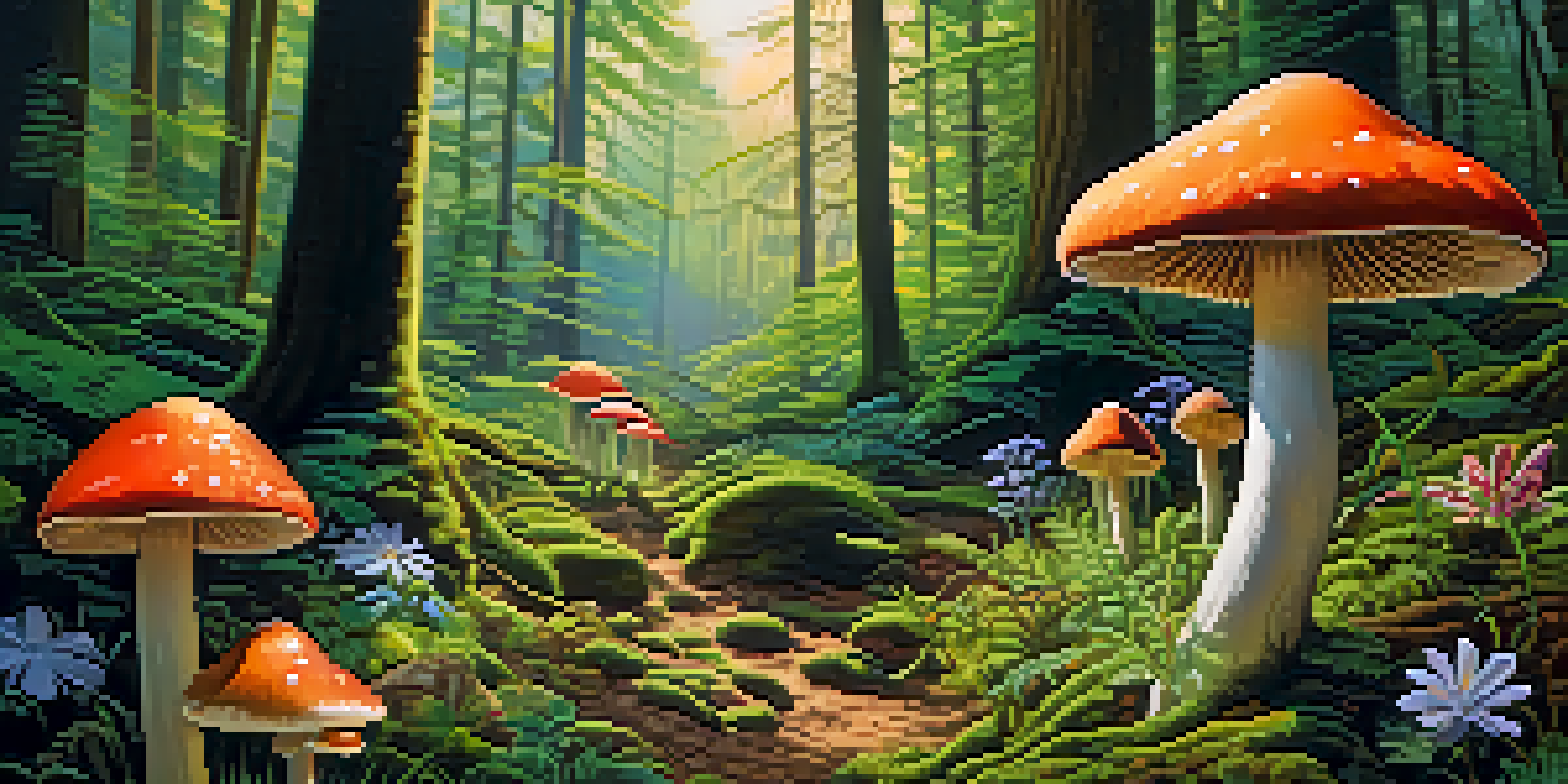 A vibrant forest scene with colorful psilocybin mushrooms growing amidst lush greenery and dappled sunlight.