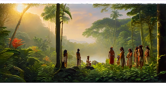 An Amazon rainforest at dawn with Indigenous people in traditional attire participating in a spiritual ceremony surrounded by lush greenery and soft sunlight.
