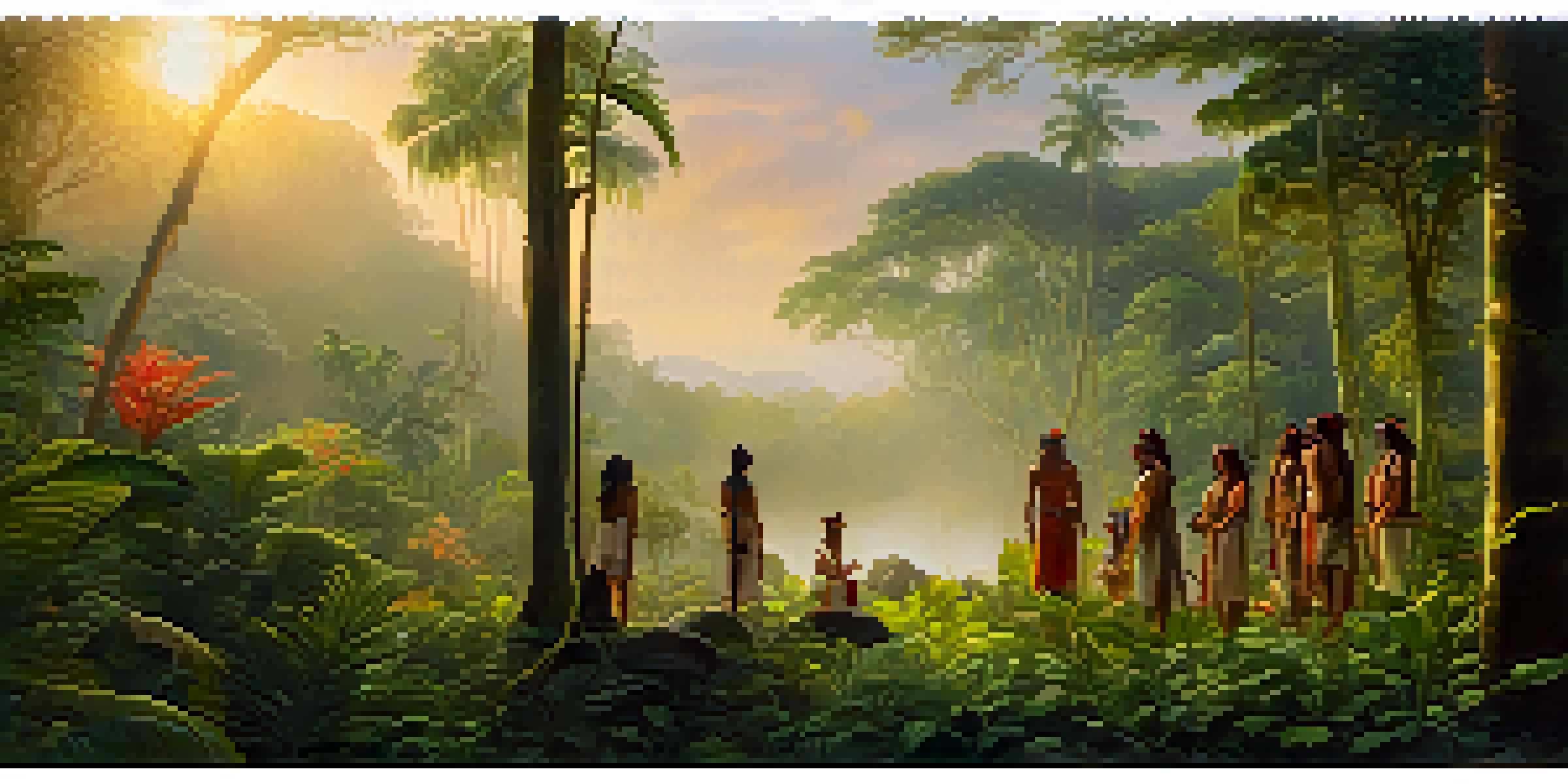 An Amazon rainforest at dawn with Indigenous people in traditional attire participating in a spiritual ceremony surrounded by lush greenery and soft sunlight.