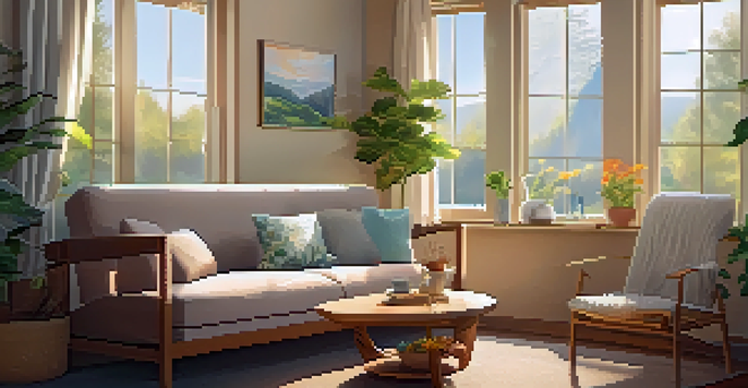A warm and inviting therapy room with soft lighting, a comfortable couch, and nature artwork on the walls.