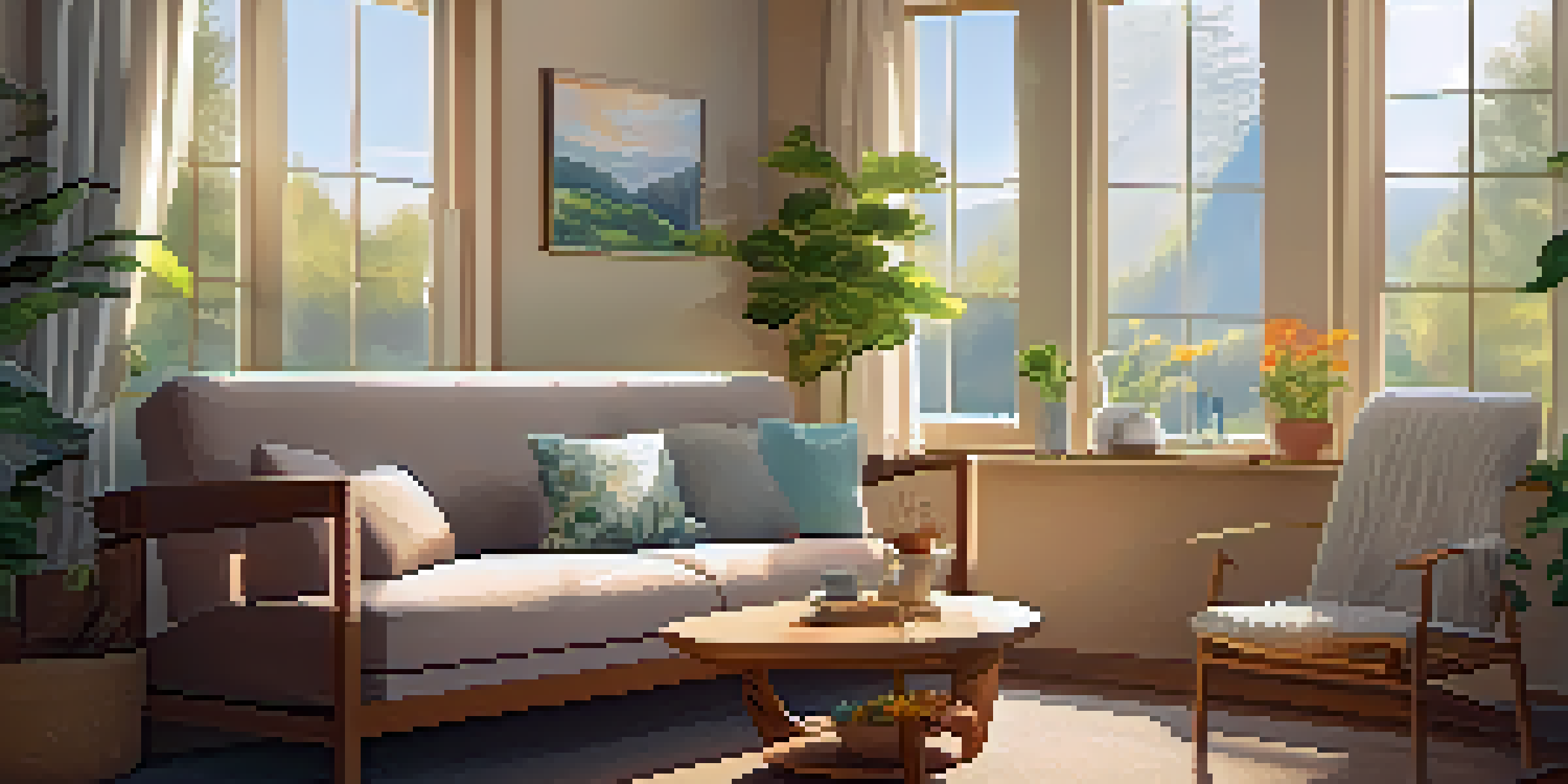 A warm and inviting therapy room with soft lighting, a comfortable couch, and nature artwork on the walls.