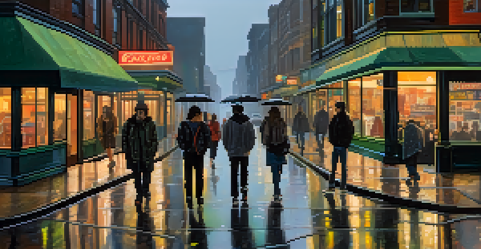 A group of young people in grunge clothing on a rainy Seattle street, with vintage band posters in the background and dim streetlights reflecting on the wet pavement.