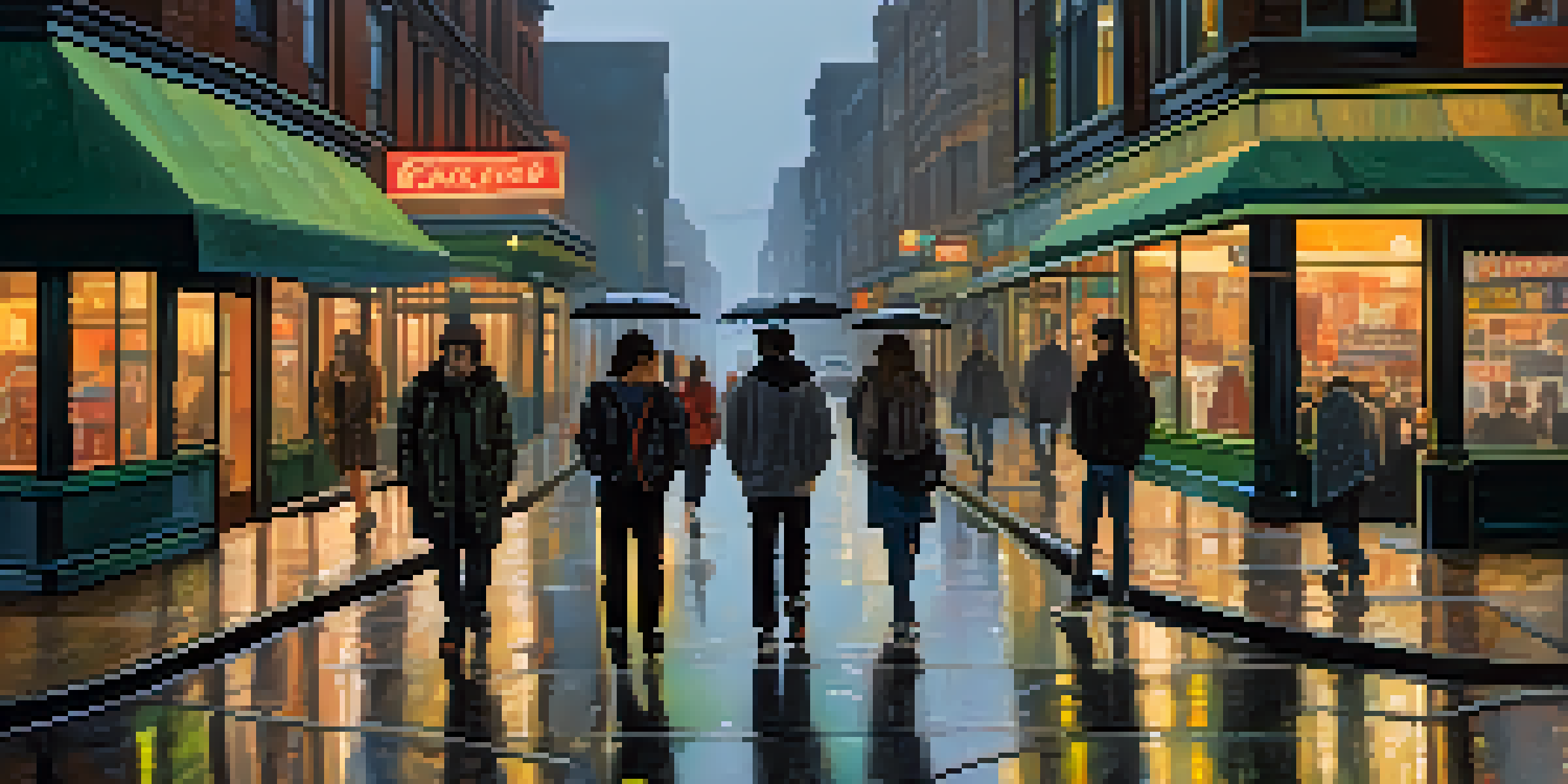 A group of young people in grunge clothing on a rainy Seattle street, with vintage band posters in the background and dim streetlights reflecting on the wet pavement.