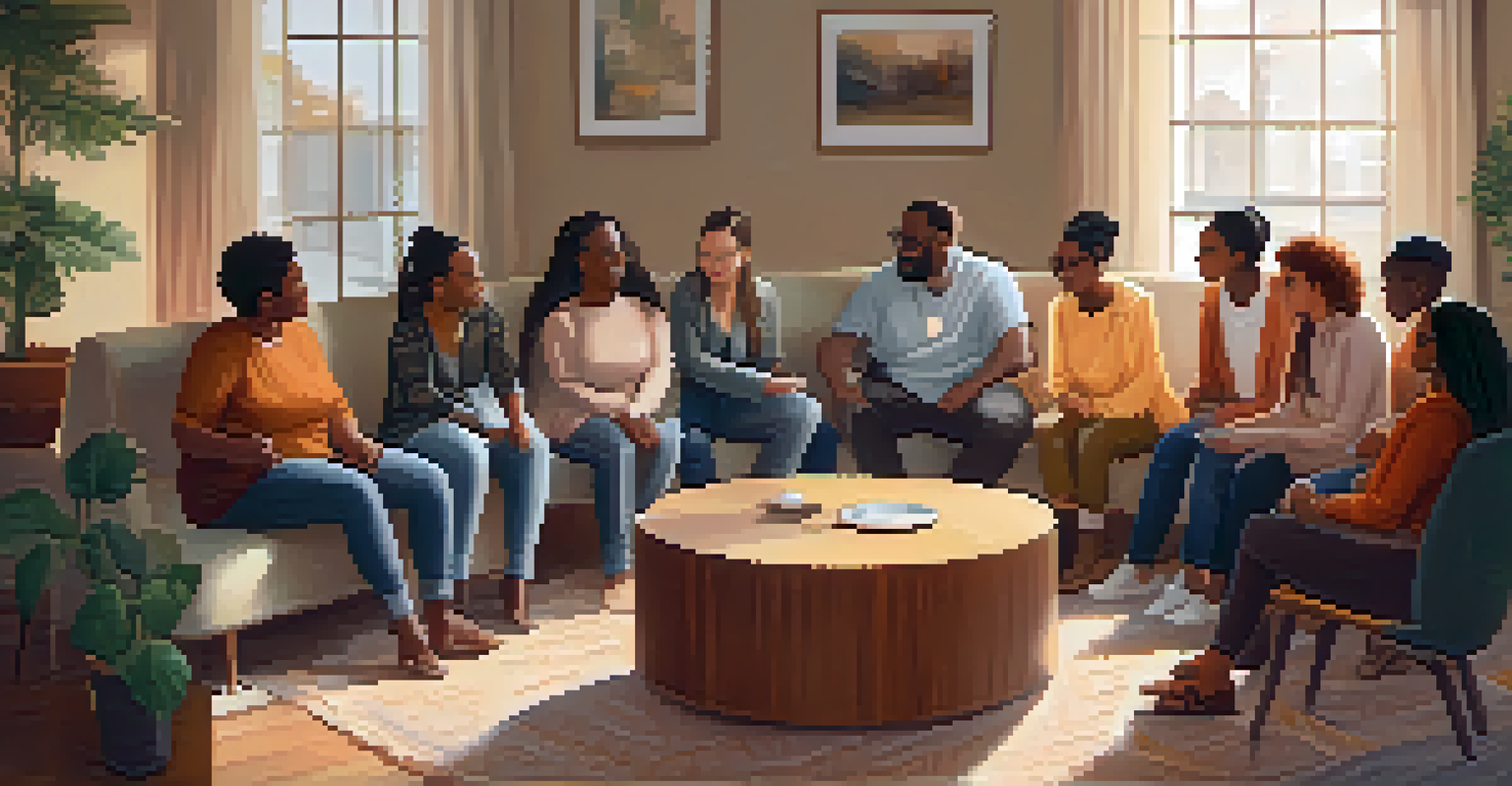 A diverse group of people participating in a supportive therapy session, seated in a cozy circle.