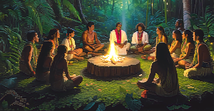 A peaceful gathering in the Amazon rainforest for an ayahuasca ceremony, with participants sitting in a circle around a fire, illuminated by candles and surrounded by vibrant nature.