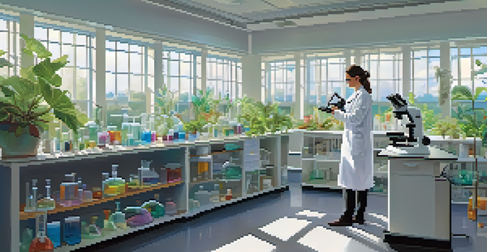 A researcher in a white coat examining samples in a bright laboratory filled with natural light and plants.