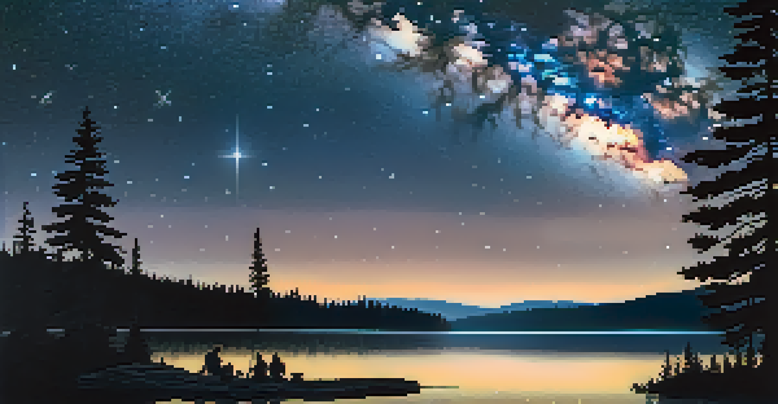 A starry night sky over a calm lake with the Milky Way, silhouettes of pine trees, and a glowing campfire.