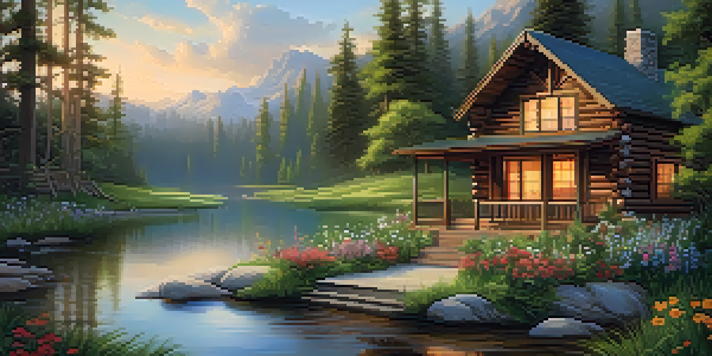 A peaceful retreat setting with a wooden cabin, lush greenery, and sunlight filtering through the trees.