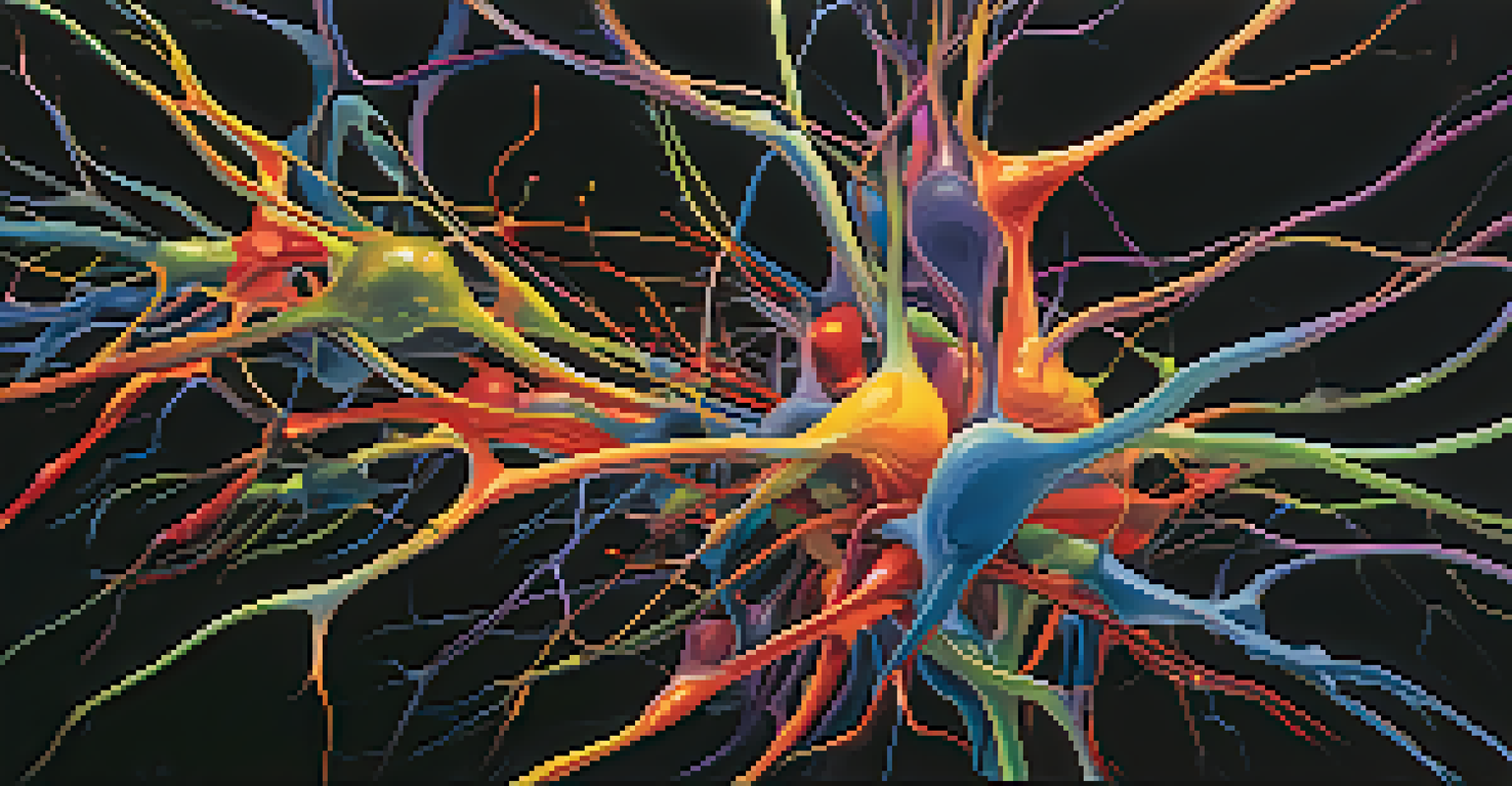 An abstract image of neurons firing in the brain, with colorful connections on a dark background.