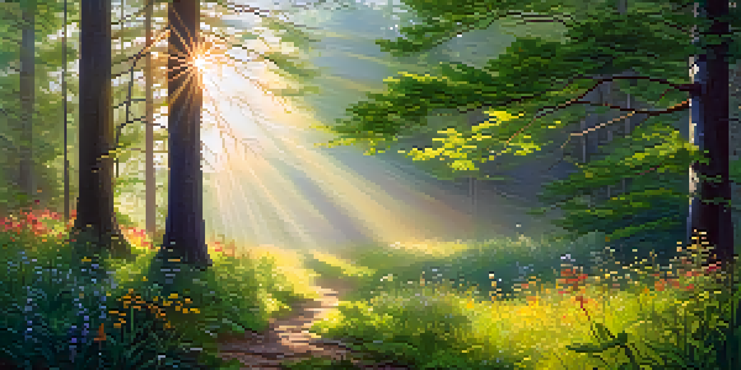 A peaceful forest scene at sunrise, with sunlight shining through trees and wildflowers.