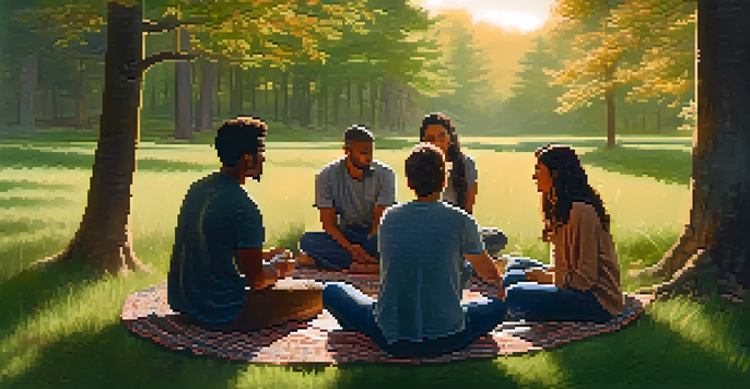 A peaceful forest scene with a diverse group of people sitting in a circle on a blanket, engaging in conversation during golden hour.