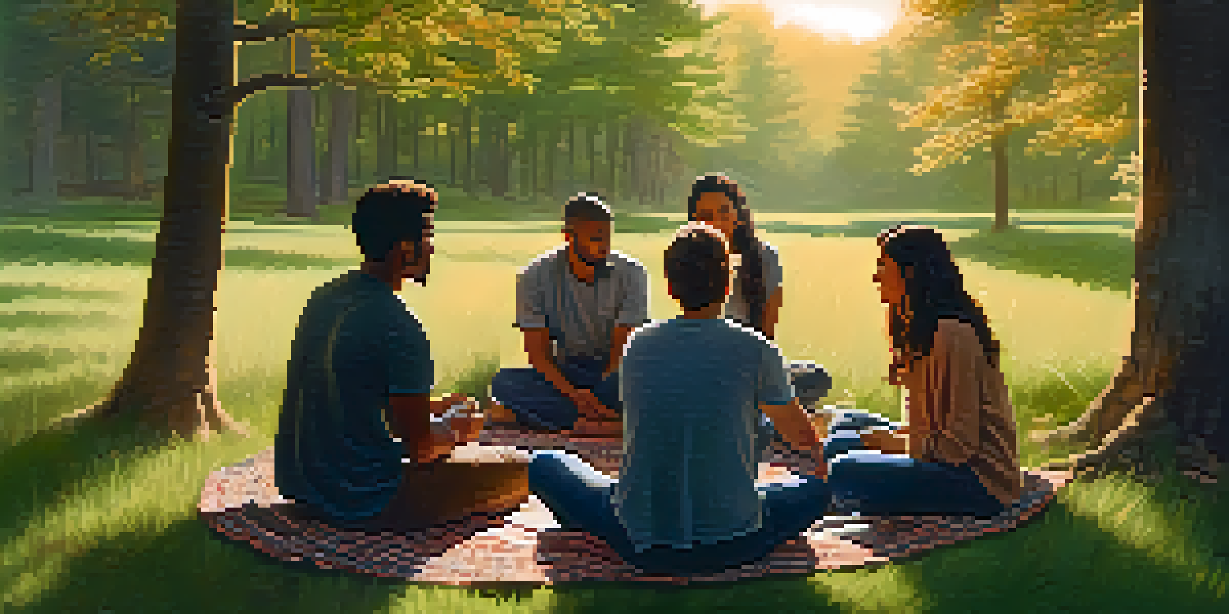A peaceful forest scene with a diverse group of people sitting in a circle on a blanket, engaging in conversation during golden hour.