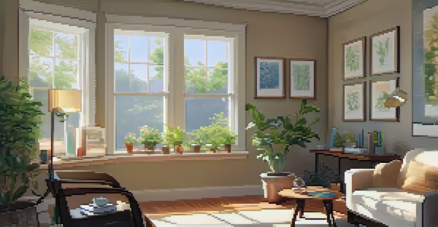 A cozy therapeutic room with soft lighting, art supplies, and a window letting in natural light.