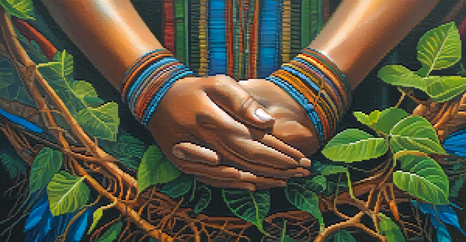 Close-up of hands holding an ayahuasca vine, showcasing its vibrant texture and colors with blurred foliage in the background.