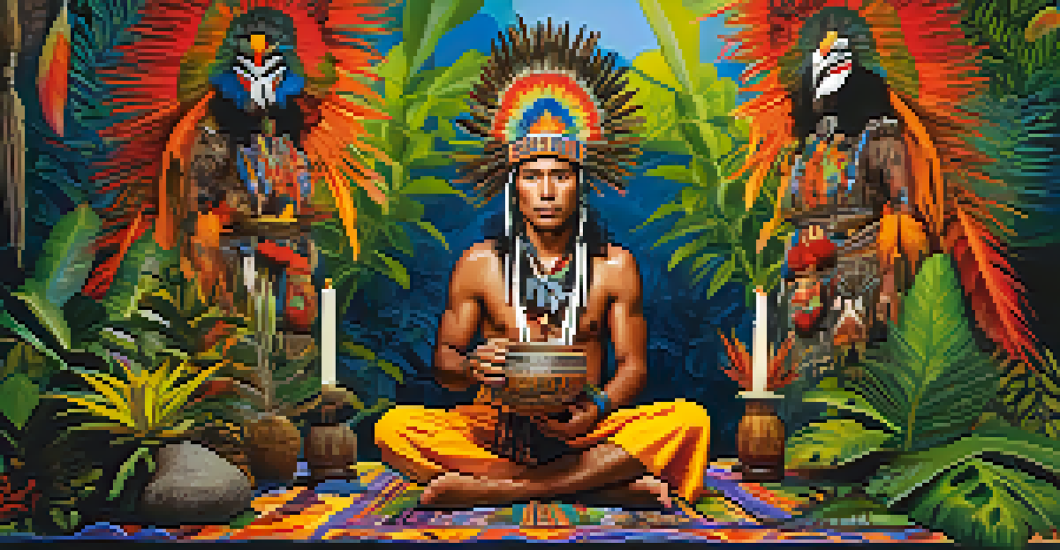 An indigenous shaman in a ceremonial setting, holding ayahuasca, surrounded by Amazonian plants.