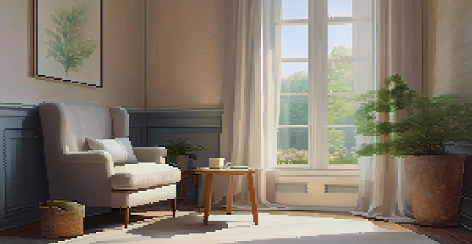 A peaceful therapy room with natural light, a comfortable chair, a small table with a journal and tea, and a pastel abstract painting on the wall.