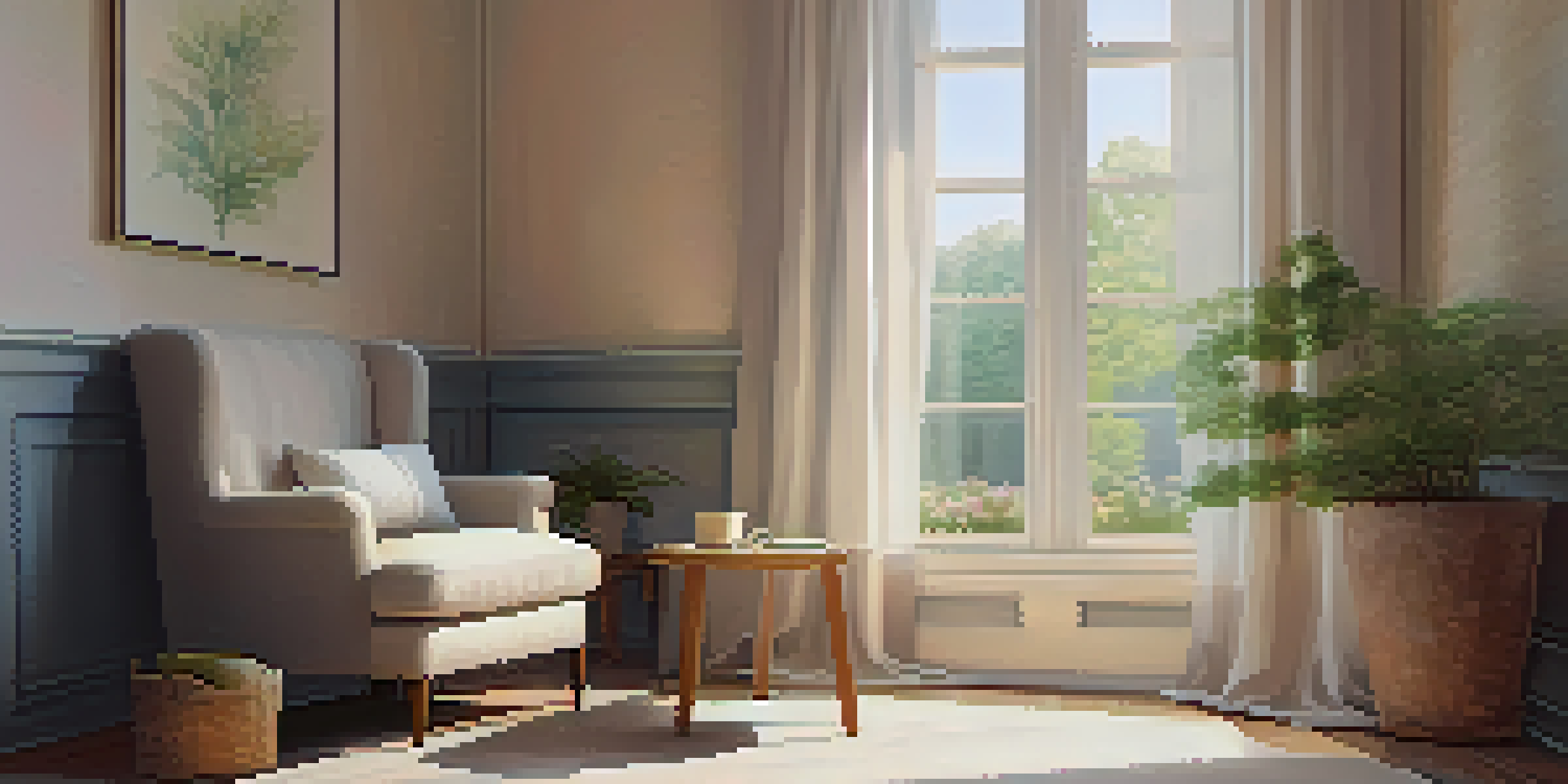 A peaceful therapy room with natural light, a comfortable chair, a small table with a journal and tea, and a pastel abstract painting on the wall.