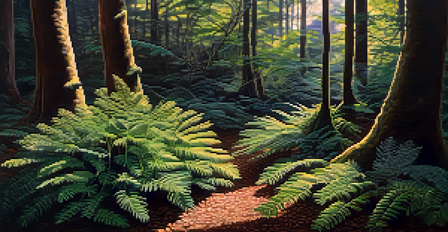 A natural outdoor setting with a Mimosa hostilis plant surrounded by greenery and sunlight filtering through the trees.