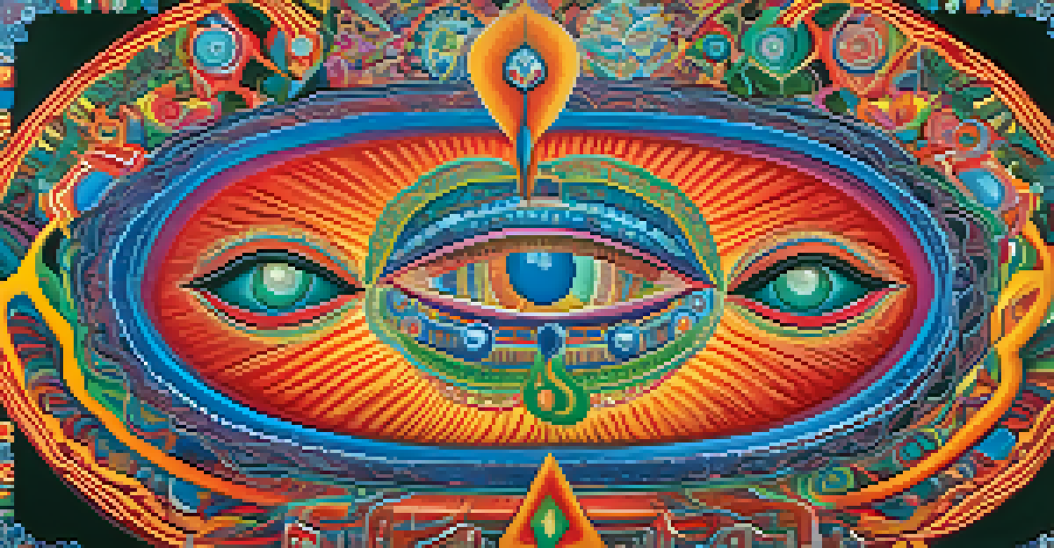 An abstract design featuring cultural symbols and psychedelic elements, representing cultural sensitivity in therapy.