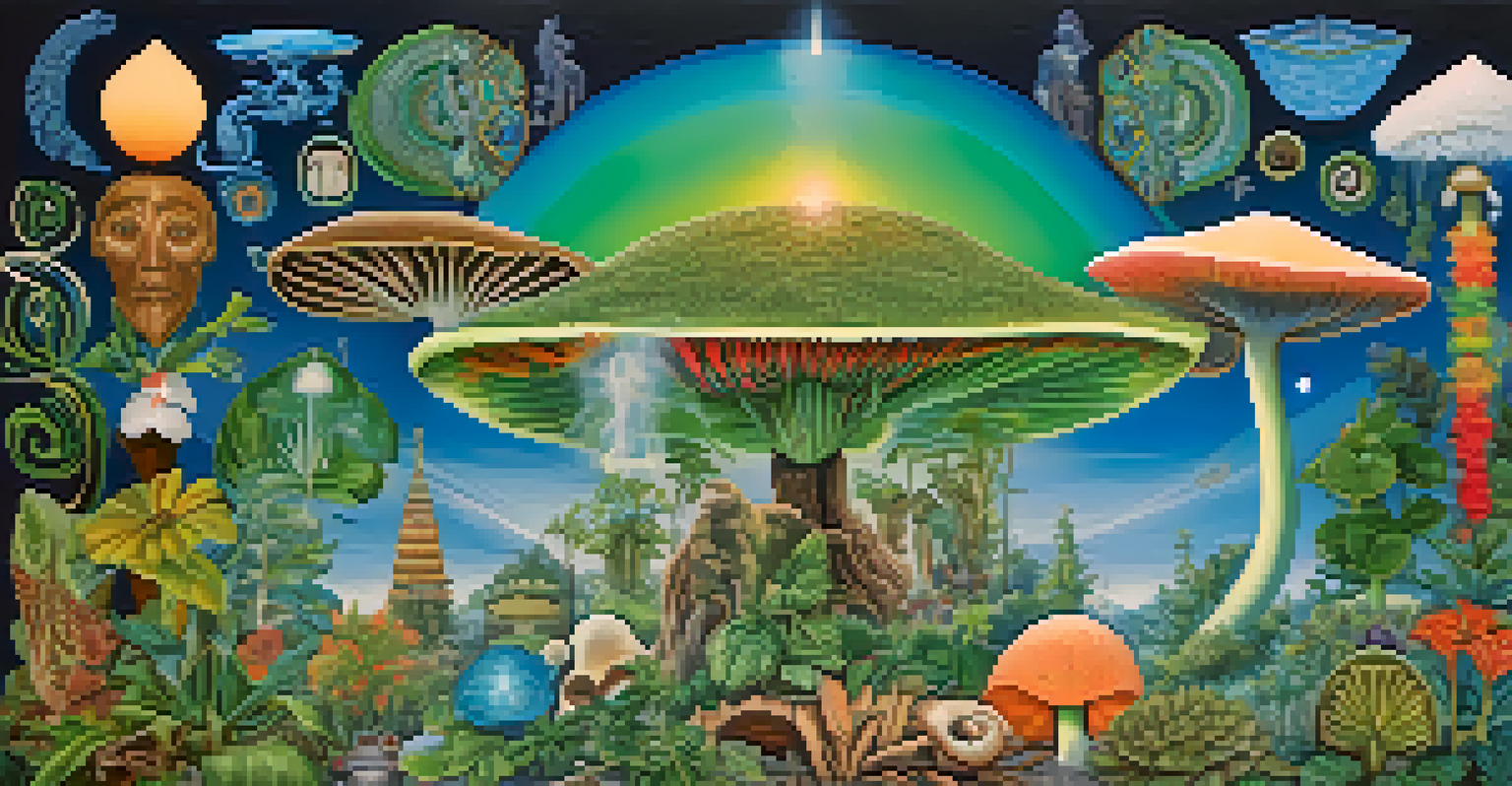 A vibrant collage of cultural symbols related to psychedelics, showcasing various traditions and their healing practices.