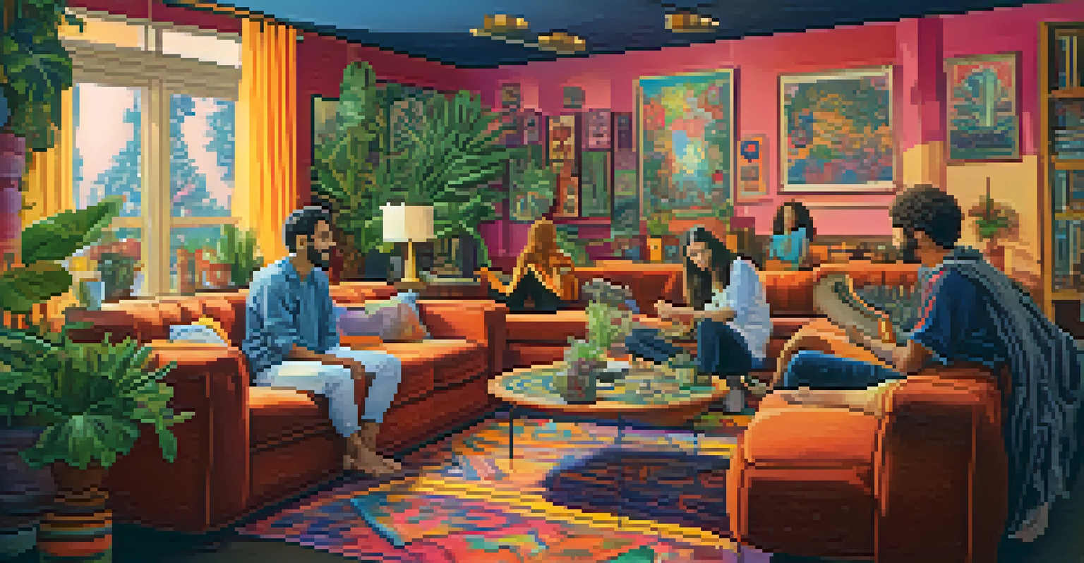 A cozy indoor space with warm lighting and friends sharing a moment together.