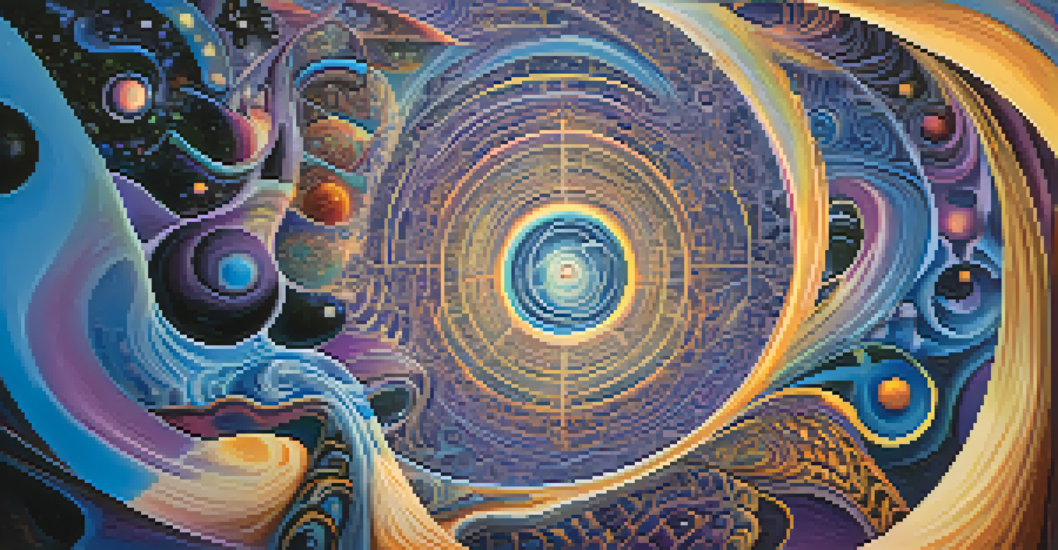 An abstract cosmic landscape depicting vivid geometric patterns and swirling colors, with ethereal entities included.