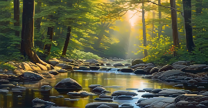 A peaceful forest scene at dawn with sunlight filtering through trees and a clear stream flowing over stones.