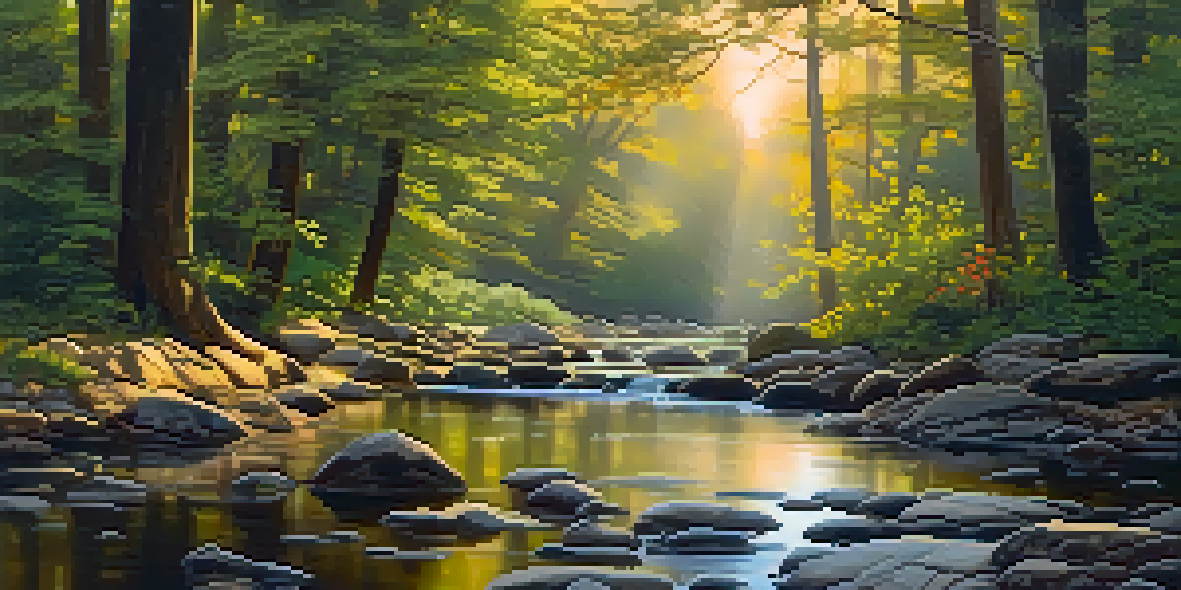 A peaceful forest scene at dawn with sunlight filtering through trees and a clear stream flowing over stones.