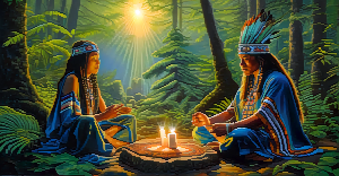 A shaman in traditional attire performing a ritual in a forest, surrounded by natural elements and soft candlelight.