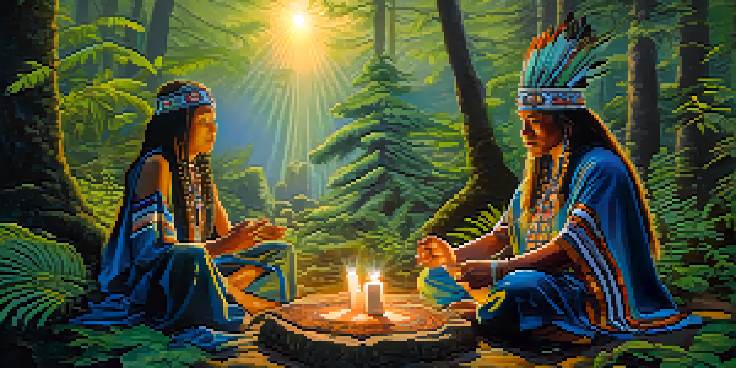 A shaman in traditional attire performing a ritual in a forest, surrounded by natural elements and soft candlelight.